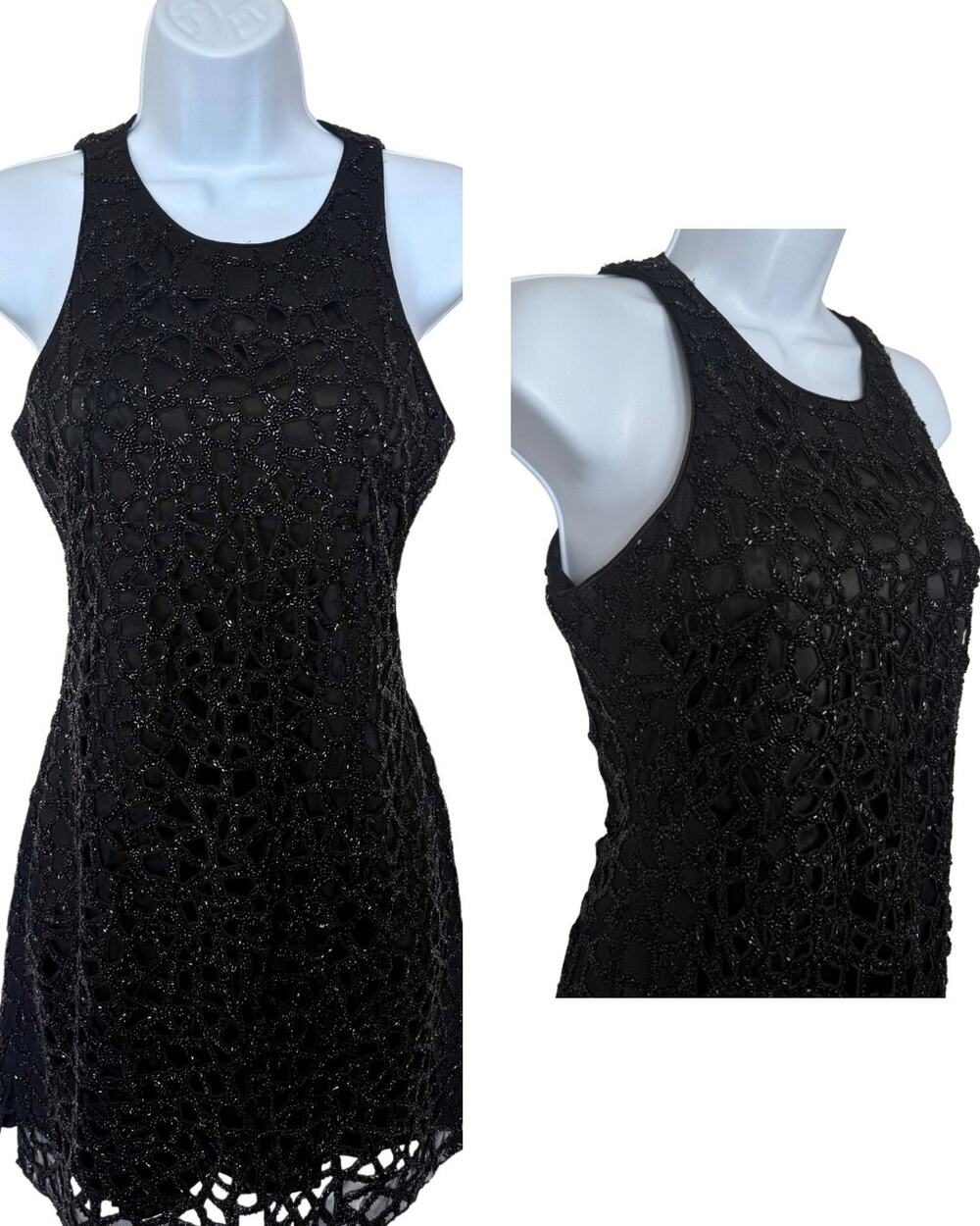 Sani Black Beaded Cocktail Mini Dress 90s Y2K Old Money Style Size M